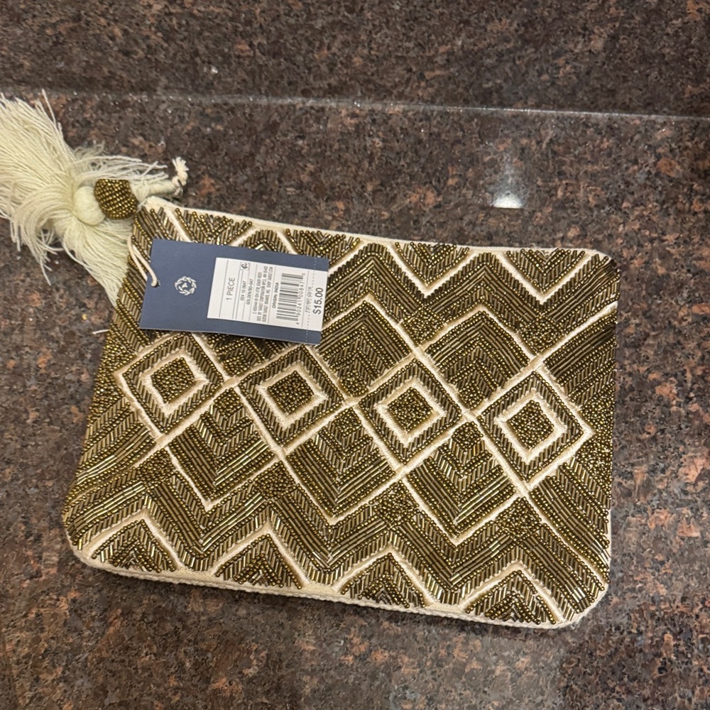 Universal Thread Golden Beaded Clutch with Tassel - NWT